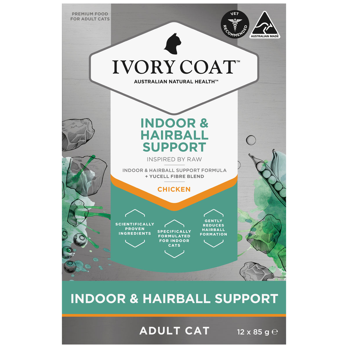 Ivory Coat Raw Health Adult Cat Indoor & Hairball Support Wet Cat Food 12 x 85g