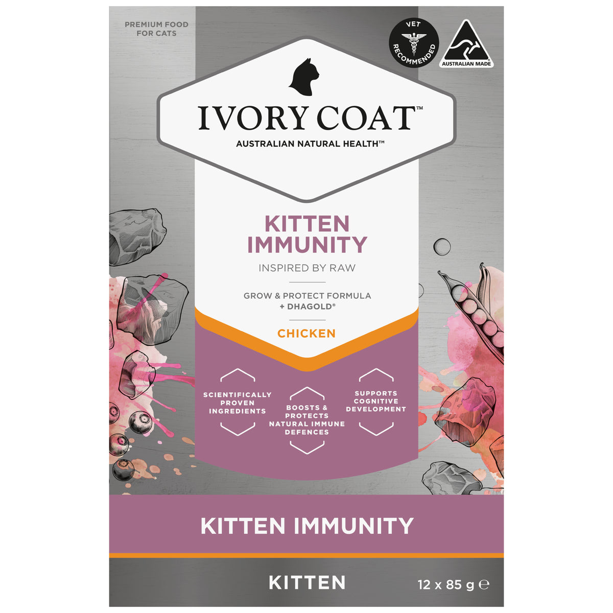 Ivory Coat Raw Health Kitten Immunity Wet Cat Food 12 x 85g