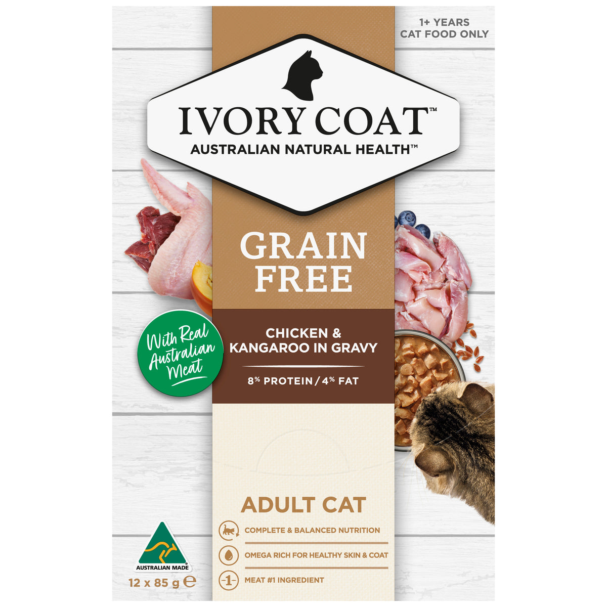 Ivory Coat Grain Free Adult Cat Chicken & Kangaroo in Gravy Wet Food 85g x 12