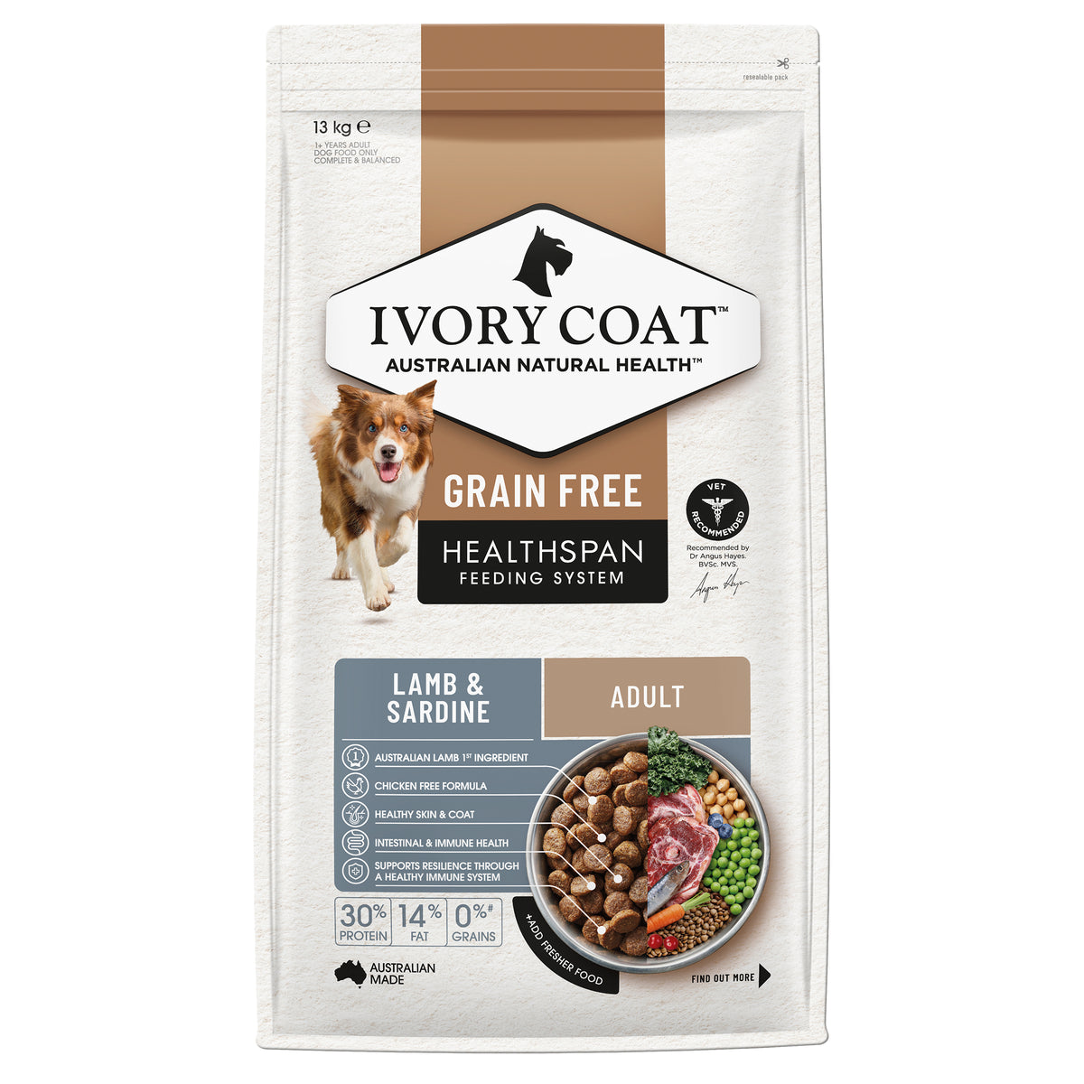 Ivory Coat Grain Free Adult Dog Lamb & Sardine Dry Food 13kg