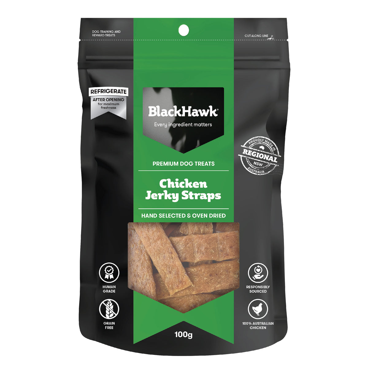 Black Hawk Chicken Jerky Straps Dog Treats 100g