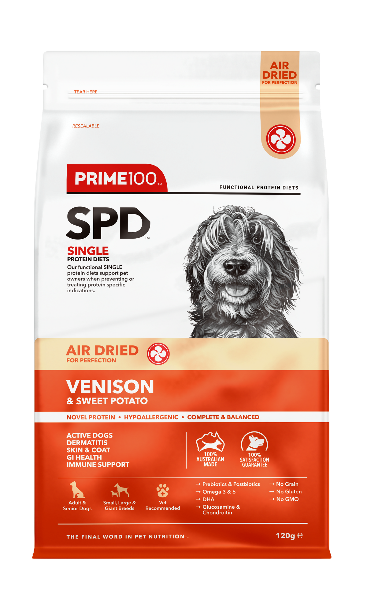 Prime100 SPD Air Dried Venison & Sweet Potato 120g - front