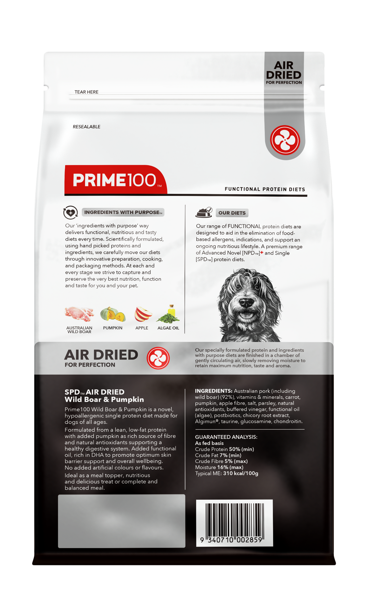 Prime100 SPD Air Dried Wild Boar & Pumpkin 120g - back