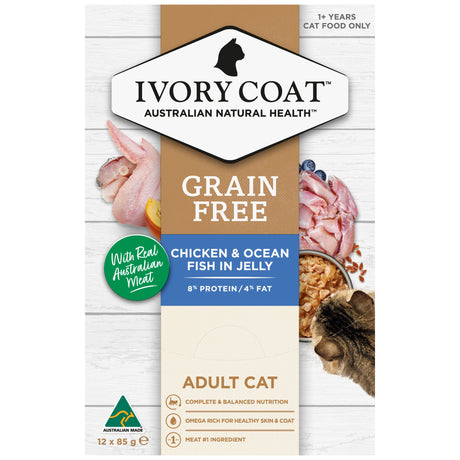 Ivory Coat Grain Free Adult Cat Chicken & Ocean Fish in Jelly Wet Food 85g x 12
