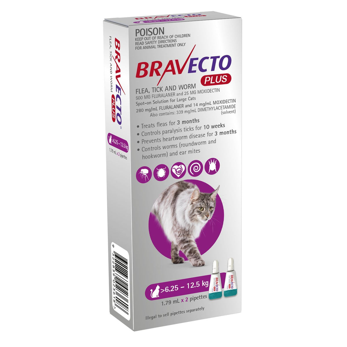 Bravecto Plus for Cats 6.25-12.5kg Purple 2 Pack