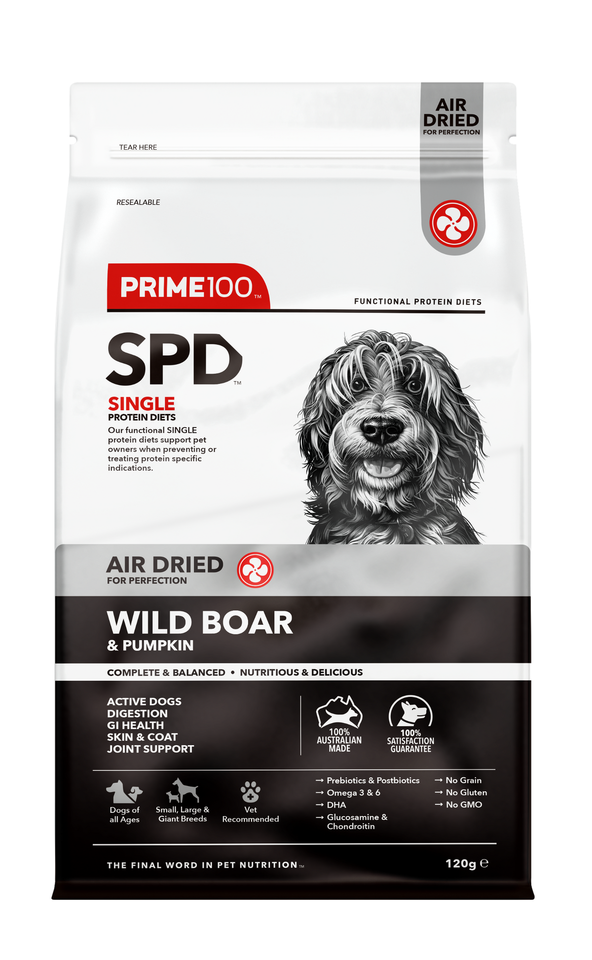 Prime100 SPD Air Dried Wild Boar & Pumpkin 120g - front