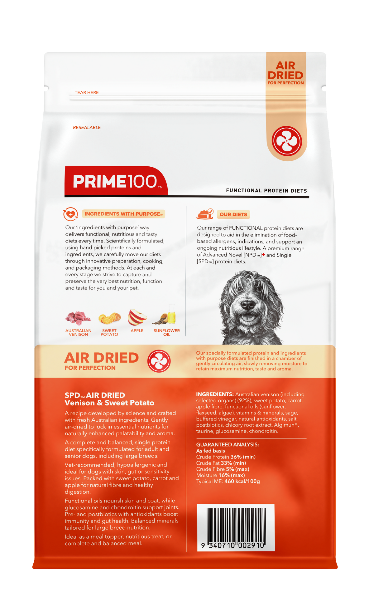 Prime100 SPD Air Dried Venison & Sweet Potato 120g - back