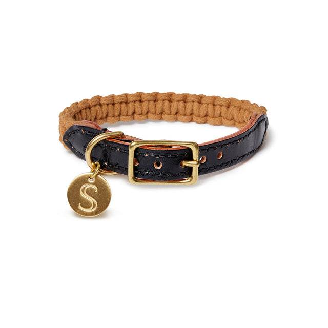 Sebastian Says Macramé/Leather Dog Collar - Black/Biscuit