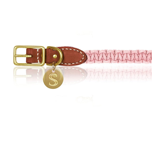 Sebastian Says Macramé/Leather Dog Collar - Cognac/Pink